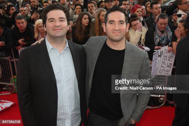 Writers/directors Jon Hurwitz and Hayden Schlossberg pose on the red carpet at the Irish premiere of American Pie The Reunion at the Savoy Cinema in...