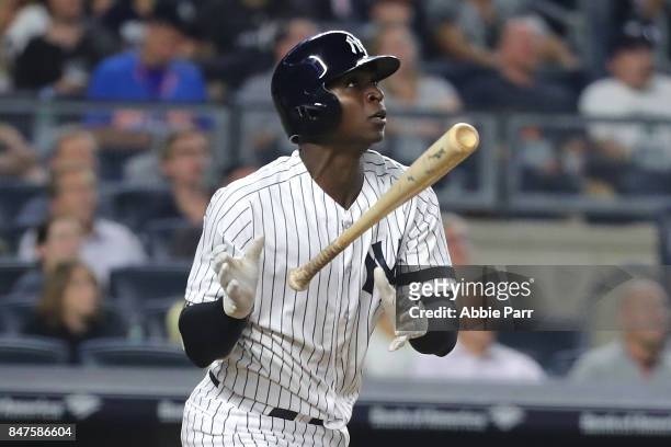 Didi Gregorius of the New York Yankees reacts after hitting a two run home run against the Baltimore Orioles in the fifth inning on September 15,...