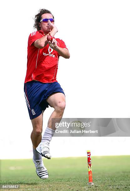 Ryan Sidebottom of England bowls during a nets session at The Sir Vivian Richards Cricket Ground before the start of the 2nd Test on February 12,...