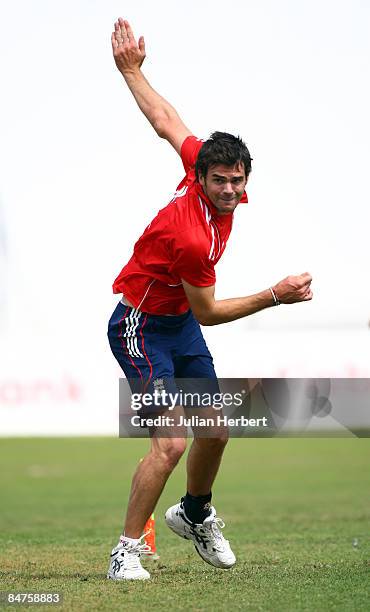 James Anderson of England bowls during a nets session at The Sir Vivian Richards Cricket Ground before the start of the 2nd Test on February 12, 2009...