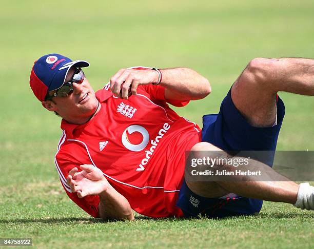 Captain Andrew Strauss of England practises fielding during a nets session at The Sir Vivian Richards Cricket Ground before the start of the 2nd Test...