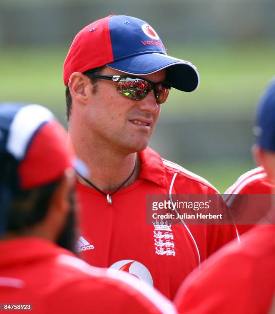 Captain Andrew Strauss of England talks to team mates during a nets session at The Sir Vivian Richards Cricket Ground before the start of the 2nd...