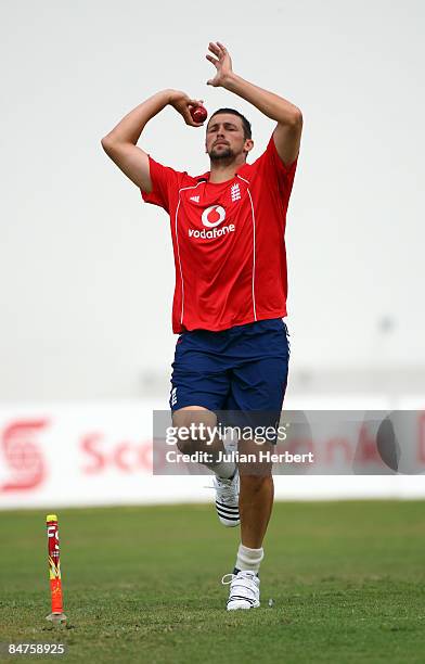 Steve Harmison of England bowls during a nets session at The Sir Vivian Richards Cricket Ground before the start of the 2nd Test on February 12, 2009...