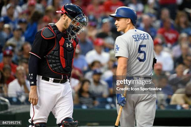 Los Angeles Dodgers shortstop Corey Seager looks back at the umpire after being called out on strikes during an MLB game between the Los Angeles...