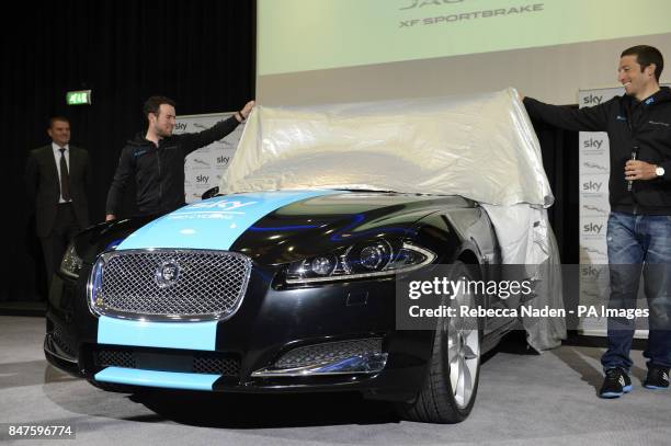 Cyclists Mark Cavendish and Juan Antonio Flecha at the launch of Team Sky's global partnership with Team Jaguar XF Sportbrake at Syon House Hotel,...