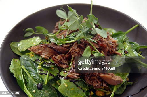 Slow cooked lamb, spinach, bean shoots and chickpea salad with balsamic vinegar dressing Slow cooked lamb, spinach, bean shoots and chickpea salad with balsamic vinegar dressing