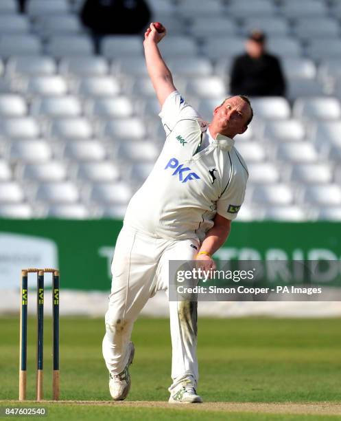 Nottinghamshire's Luke Fletcher bowls during the LV= County Championship match at Trent Bridge, Nottingham.