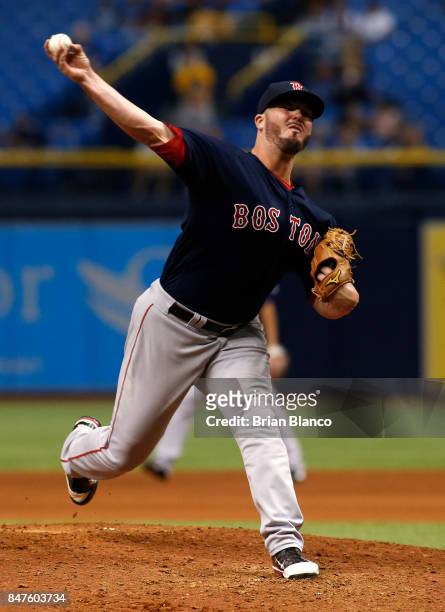 Pitcher Austin Maddox of the Boston Red Sox pitches during the seventh inning of a game against the Tampa Bay Rays on September 15, 2017 at Tropicana...