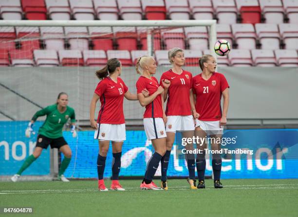 Ingrid Hjelmseth, Guro Reiten, Maria Thorisdottir, Ingrid Marie Spord, Lisa Marie Utland of Norway during the FIFA 2018 World Cup Qualifier between...