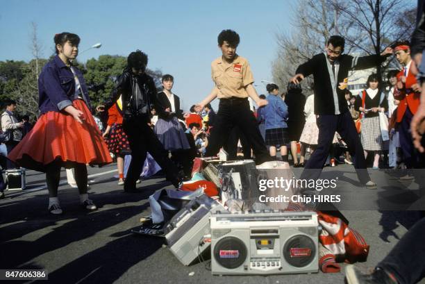 Young dancers in Harajuku area enjoying weekend in April 1982 in Tokyo, Japan.