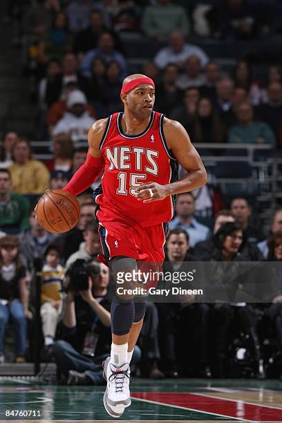 Vince Carter of the New Jersey Nets drives the ball up court against the Milwaukee Bucks during the game on January 9, 2009 at the Bradley Center in...