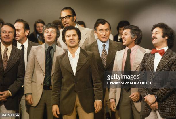 Variety group singers Les Compagnons de la Chanson on television set, circa 1970 in France.