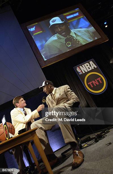 Amare Stoudemire is interviewed by Craig Sager of NBA on TNT prior to being selected number nine overall by the Phoenix Suns in the 2002 NBA Draft at...