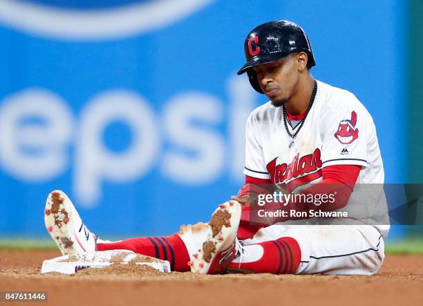 Francisco Lindor of the Cleveland Indians sits at second base after being forced out on a ball hit by Austin Jackson against the Kansas City Royals...