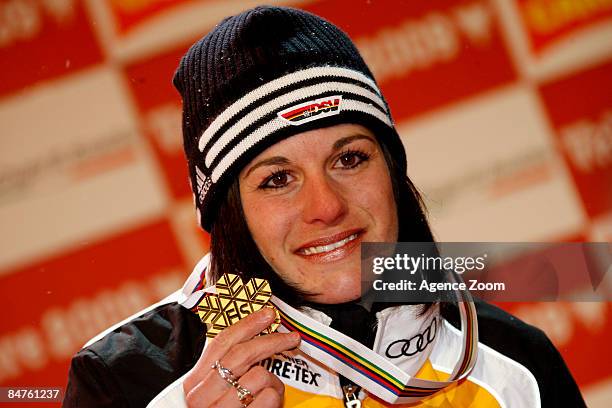 Kathrin Hoelzl of Germany takes 1st place during the Alpine FIS Ski World Championships. Women's Giant Slalom on February 12, 2009 in Val d'Isere,...