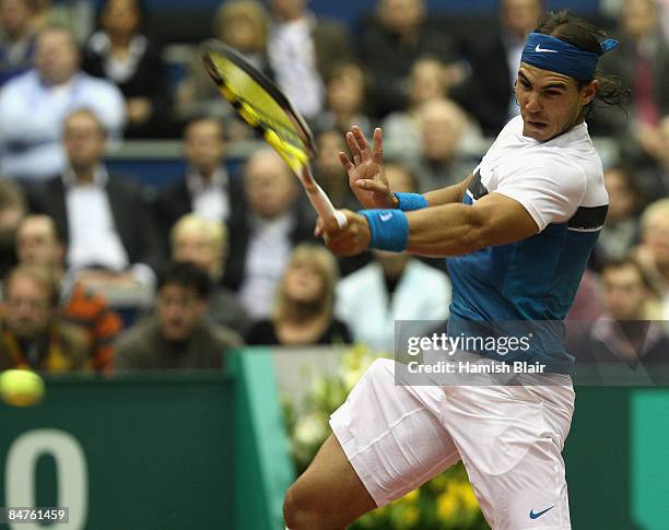 Rafael Nadal of Spain plays a forehand during his match against Grigor Dimitrov of Bulgaria during day four of the ABN AMRO World Tennis Tournament...