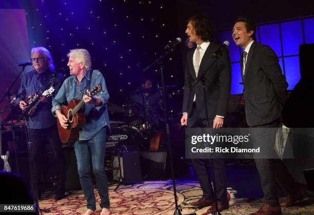 Ricky Skaggs, Graham Nash, and Joey Ryan and Kenneth Pattengale of The Milk Carton Kids perform onstage during Skyville Live Celebrates AmericanaFest...