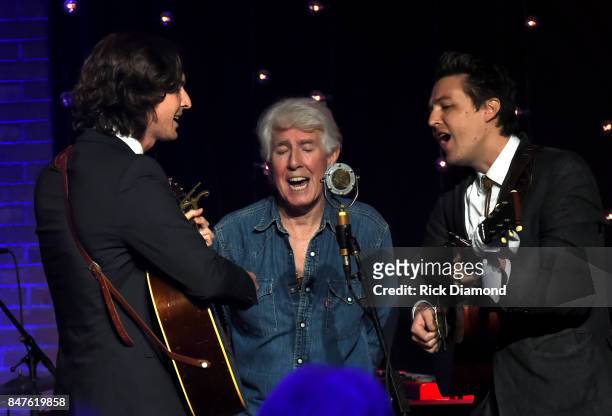 Joey Ryan, Graham Nash, and Kenneth Pattengale perform onstage during Skyville Live Celebrates AmericanaFest with Graham Nash and special guests on...