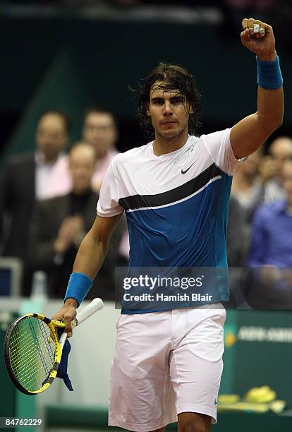 Rafael Nadal of Spain acknowledges the crowd after victory in his match against Grigor Dimitrov of Bulgaria during day four of the ABN AMRO World...