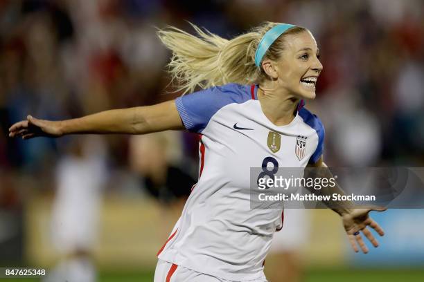 Julie Ertz of theUnited States celebrates her second goal in the first half against New Zealand at Dick's Sporting Goods Park on September 15, 2017...