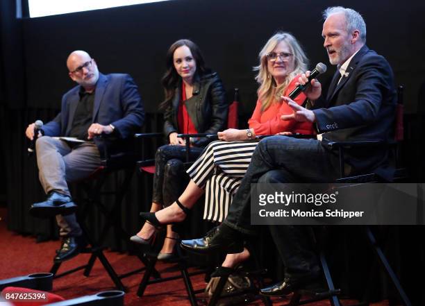Moderator and film critic Joe Neumaier, actress Ksenia Solo and writers Nancy Cartwright and Peter Kjenaas speak during a Q&A following the "In...