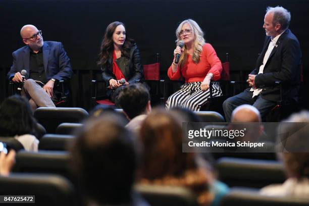 Moderator and film critic Joe Neumaier, actress Ksenia Solo and writers Nancy Cartwright and Peter Kjenaas speak during a Q&A following the "In...