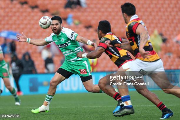 Lewis Marshall of Manawatu takes a pass during the round five Mitre 10 Cup match between Waikato and Manawatu at FMG Stadium on September 16, 2017 in...