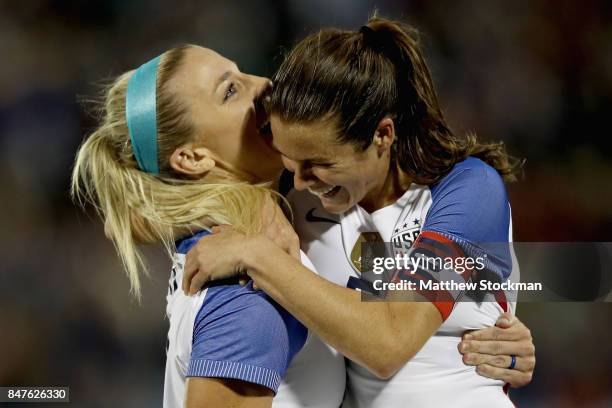 Julie Ertz and Kelley O'Hara of the United States celebrate Ertz'z second goal in the first half against New Zealand at Dick's Sporting Goods Park on...