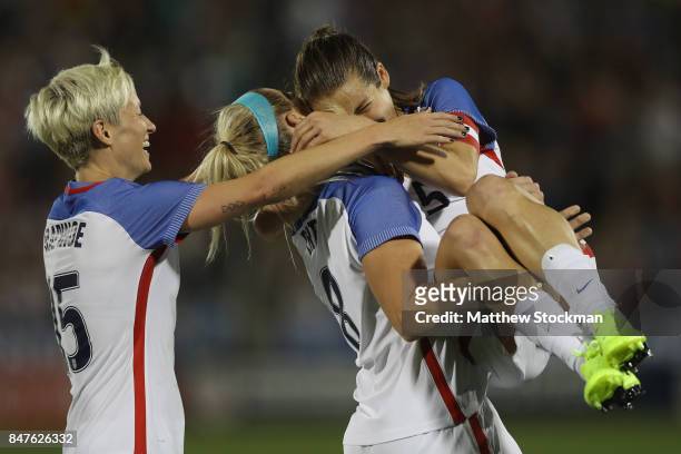 Megan Rapinoe, Julie Ertz and Kelley O'Hara of theUnited States celebrate Ertz'z second goal in the first half against New Zealand at Dick's Sporting...