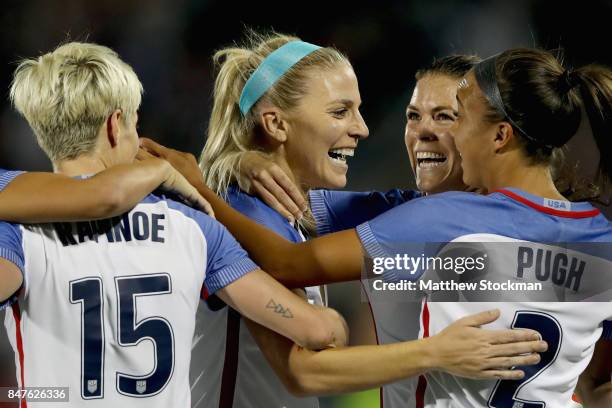 Megan Rapinoe, Julie Ertz, Kelley O'Hara and Mallory Pugh of the United States celebrate Ertz'z second goal in the first half against New Zealand at...
