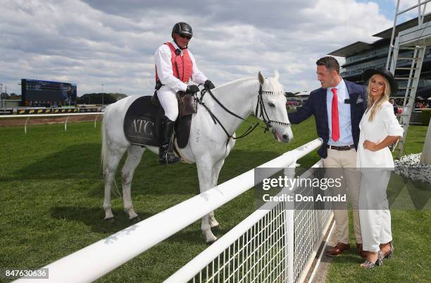 Sam Burgess and Phoebe Burgess attend Colgate Optic White Stakes Day at Royal Randwick Racecourse on September 16, 2017 in Sydney, Australia.