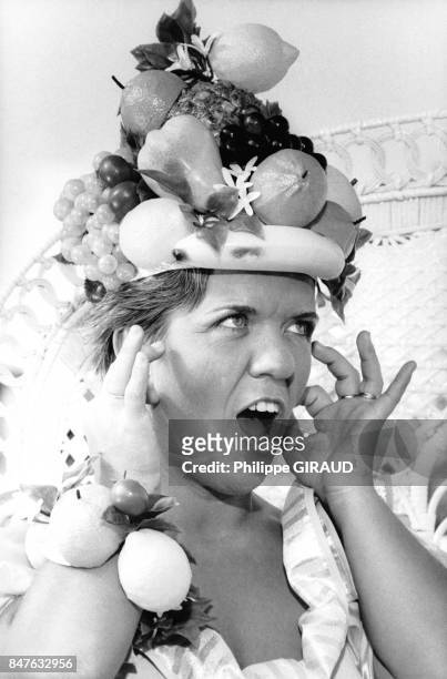 Actrice Mimi Mathy en Guadeloupe pour tourner une pub le 31 janvier 1985 en Guadeloupe.