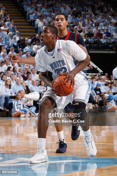 Ed Davis of the North Carolina Tar Heels looks to the basket during the game against the Virginia Cavaliers on February 7, 2009 at the Dean E. Smith...