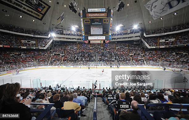 Fans look on during the Pittsburgh Penguins game against the Columbus Blue Jackets on February 6, 2009 at Mellon Arena in Pittsburgh, Pennsylvania.