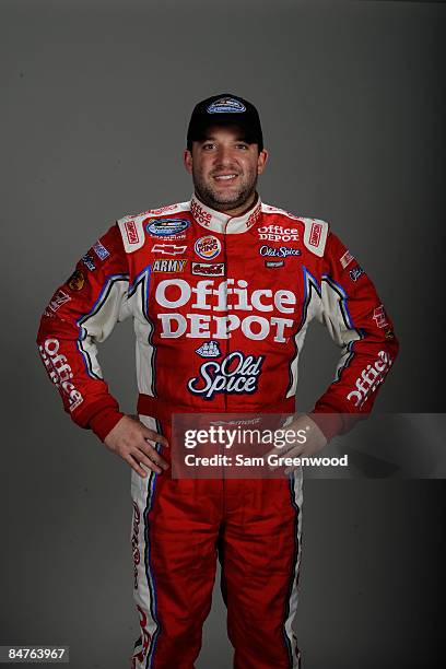 Tony Stewart, driver of the Hendrickcars.com Chevrolet, poses during NASCAR media day at Daytona International Speedway on February 5, 2008 in...