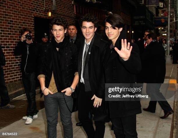 Nick Jonas, Kevin Jonas and Joe Jonas, The Jonas Brothers visit "Late Show with David Letterman" at the Ed Sullivan Theater on February 12, 2009 in...