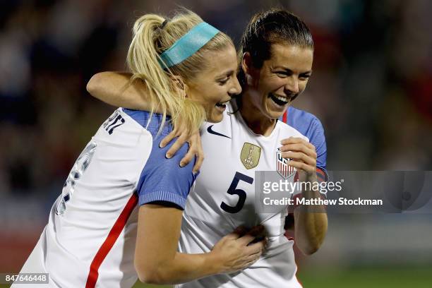 Julie Ertz and Kelley O'Hara of the United States celebrate Ertz'z second goal in the first half against New Zealand at Dick's Sporting Goods Park on...