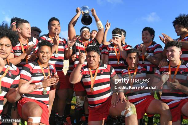 Counties Manukau celebrate with the Sir Michael Jones Trophy after winning the Championship Jock Hobbs Memorial Tournament match between Counties...