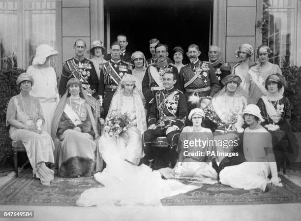 The wedding of Prince Paul of Serbia and Princess Olga of Greece and Denmark in the Chapel of the Old Palace, Belgrade. Sitting, left to right;...