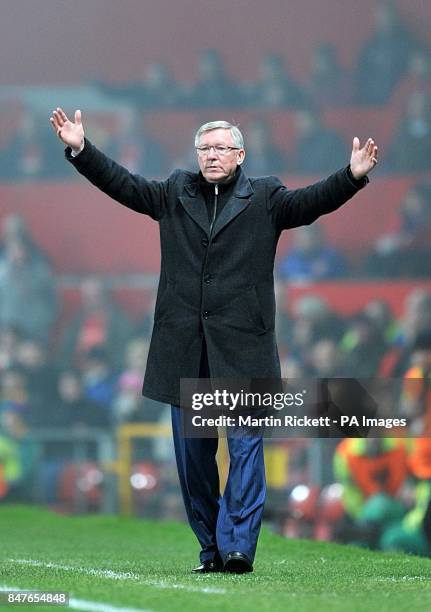 Manchester United manager Sir Alex Ferguson gestures on the touchline.