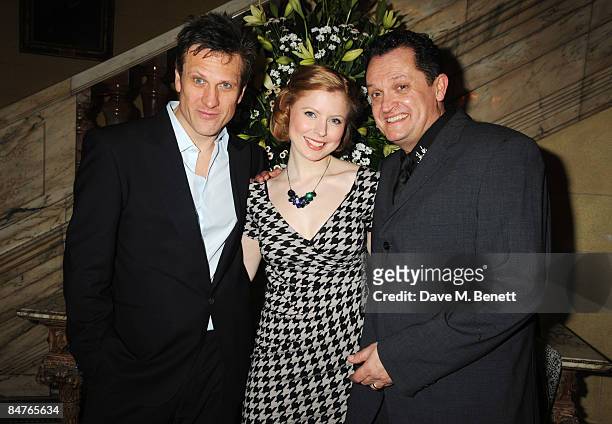 Simon Merrells, Bryony Afferson and Alex Giannini attend the press night of 'On The Waterfront' at One Whitehall Place on February 12, 2009 in...