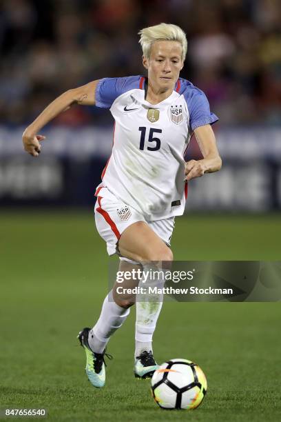 Megan Rapinoe of the United States advances the ball against New Zealand at Dick's Sporting Goods Park on September 15, 2017 in Commerce City,...