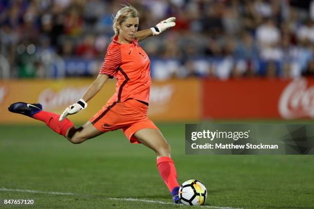 Goalie Erin Nayler of New Zealand kicks the ball down field against the United States at Dick's Sporting Goods Park on September 15, 2017 in Commerce...