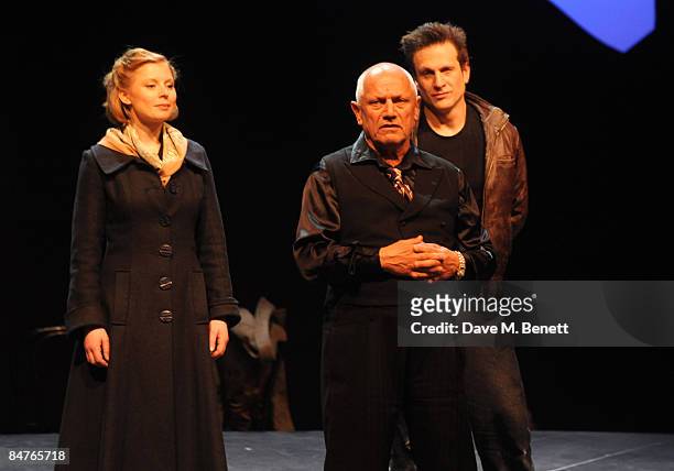Bryony Afferson, Steven Berkoff and Simon Merrells pose on stage during the press night of 'On The Waterfront' at The Theatre Royal Haymarket on...