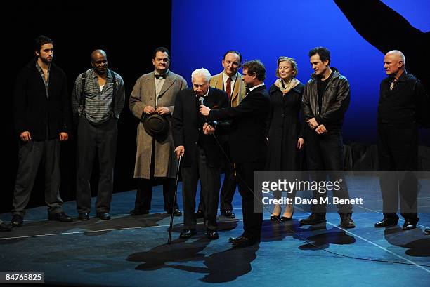 Alexander Thomas, Alex Giannini, Budd Schulberg, Antony Byrne, Bryony Afferson, Simon Merrells and Steven Berkoff pose on stage during the press...