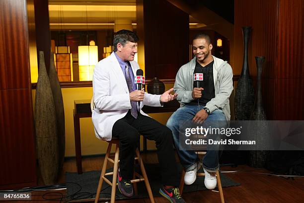 Jameer Nelson of the Orlando Magic talks with Craig Sager of TNT during the All Star Media Availability as part of the 2009 NBA All-Star Weekend on...