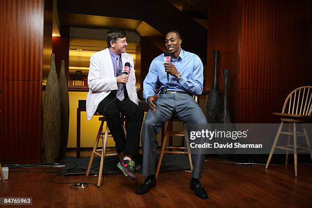 Craig Sager of TNT talks with Dwight Howard of the Orlando Magic during the All Star Media Availability as part of the 2009 NBA All-Star Weekend on...