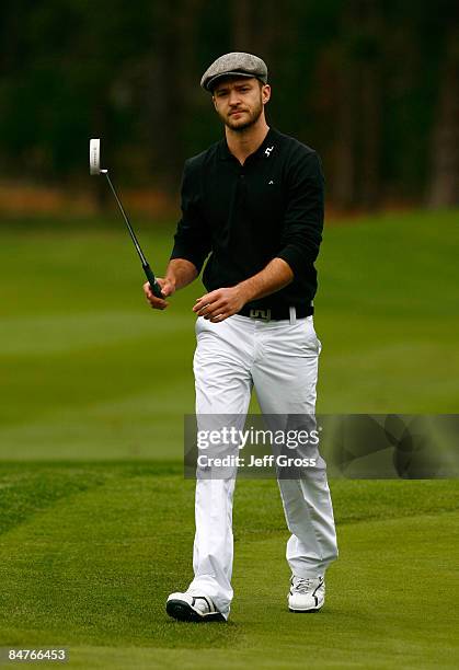 Justin Timberlake walks up to the sixth green during the first round of the AT&T Pebble Beach National Pro-Am at the Spyglass Hill Golf Course on...