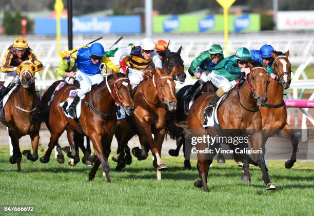 Damian Lane riding Humidor winning Race 7, PFD Food Services Makybe Diva Stakes during Melbourne Racing at Flemington Racecourse on September 16,...