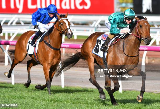 Damian Lane riding Humidor winning Race 7, PFD Food Services Makybe Diva Stakes during Melbourne Racing at Flemington Racecourse on September 16,...